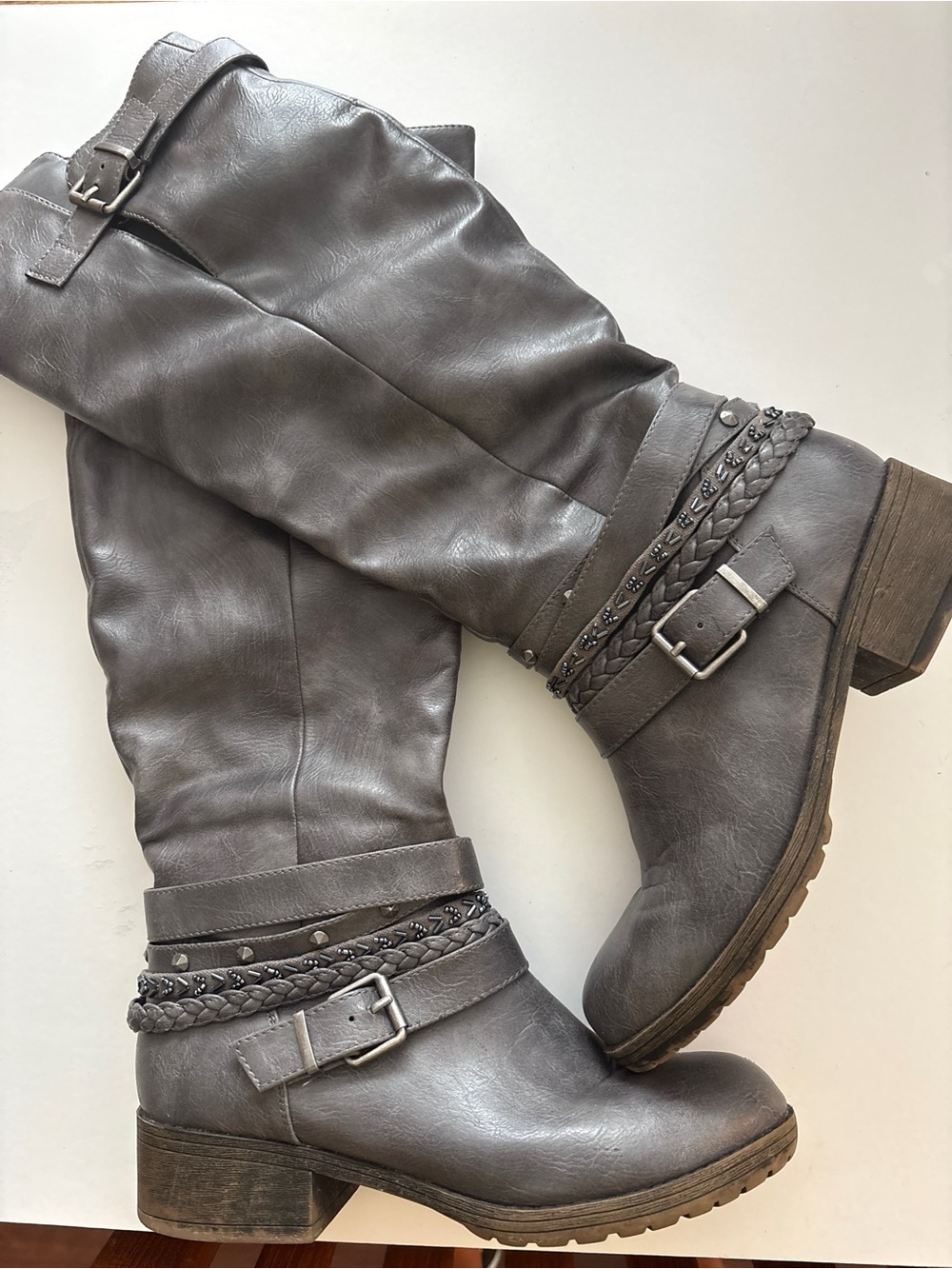 Sugar Gray Over-the-Knee Braided & Buckle Strap Boots